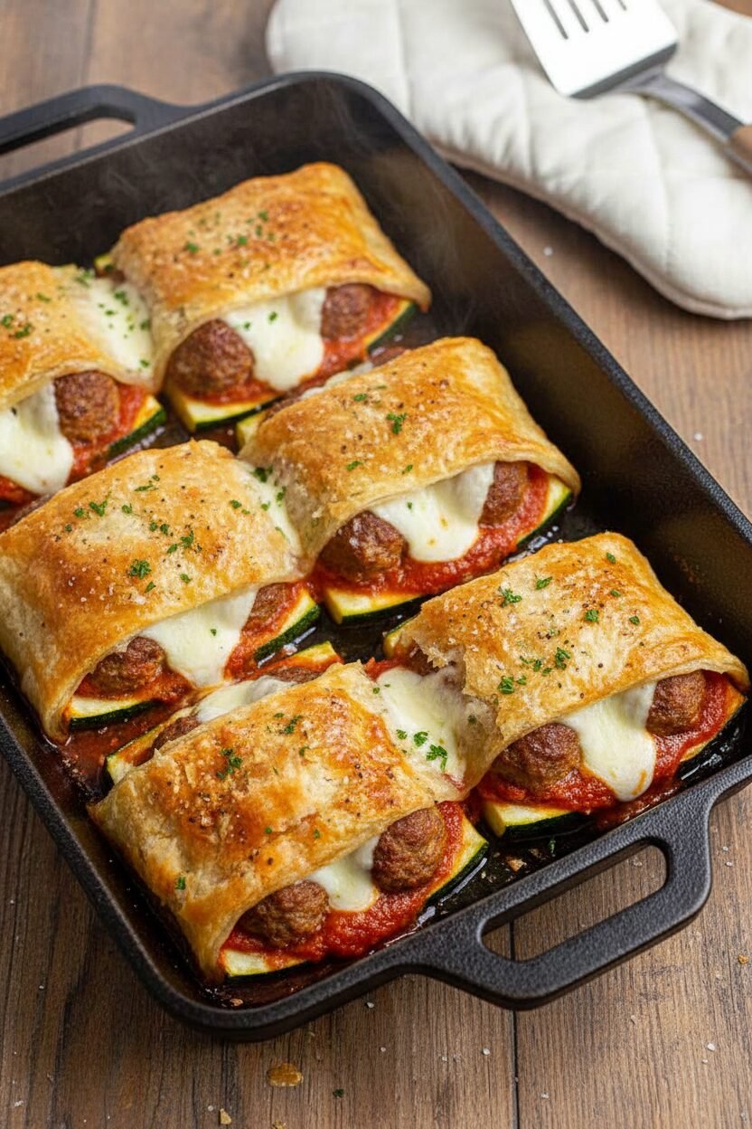 Cheesy Meatball Zucchini Boats with Pastry