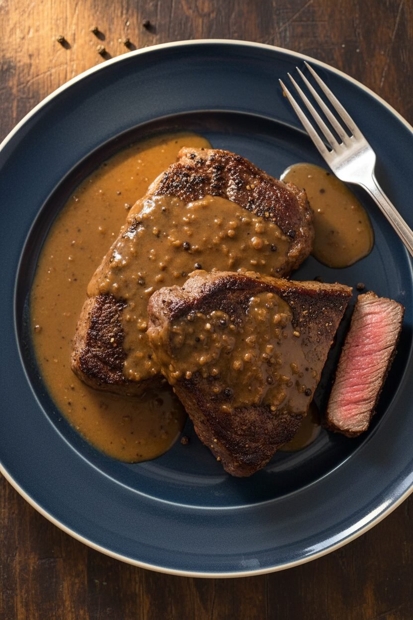 Brandied Peppercorn Steak with Cream
