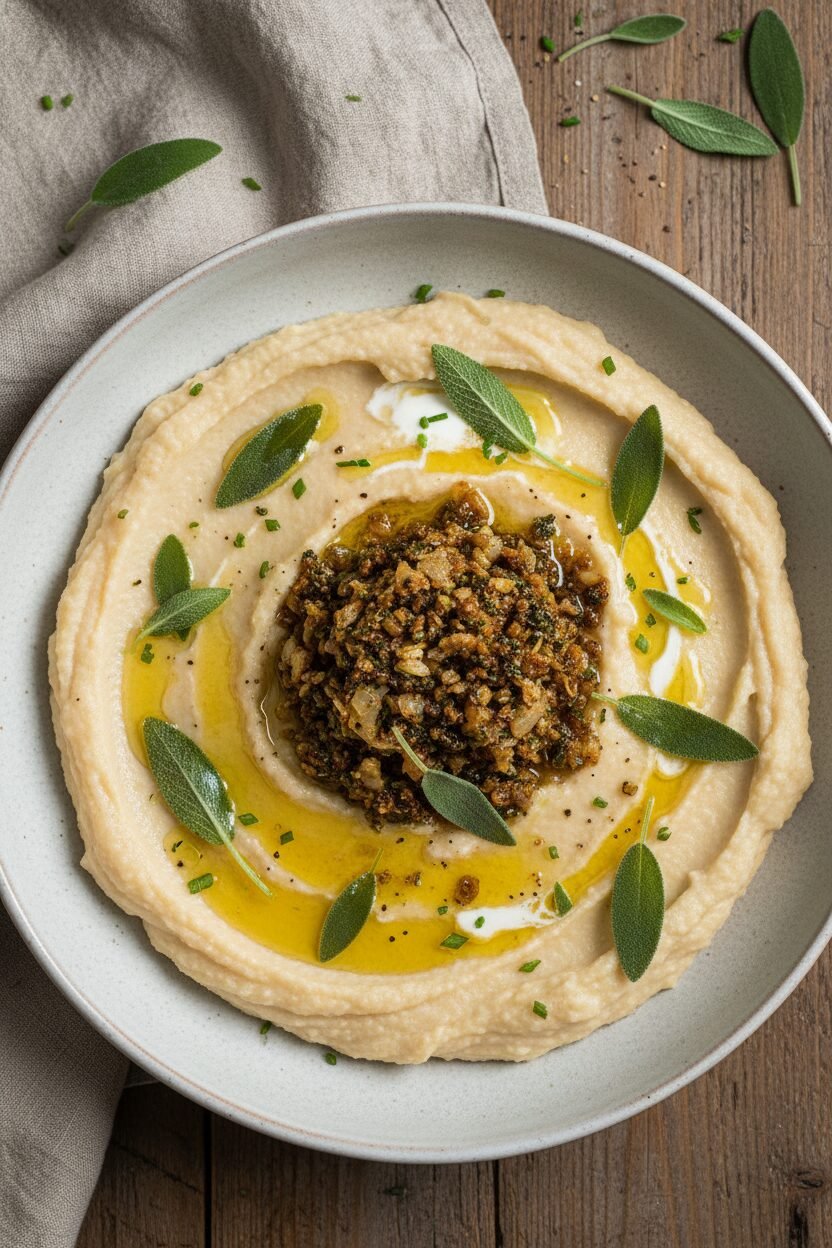 Creamy Celery Root Puree with Crispy Sage Topping