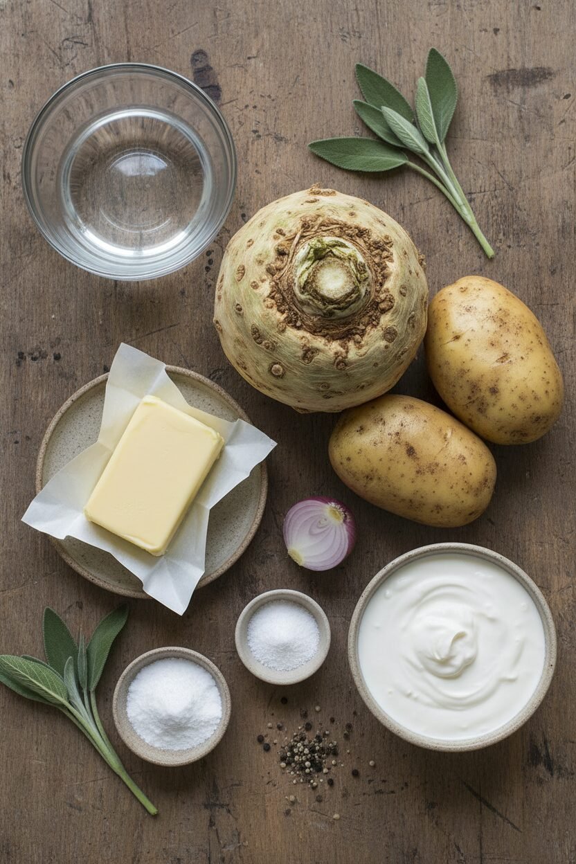 Creamy Celery Root Puree with Crispy Sage Topping