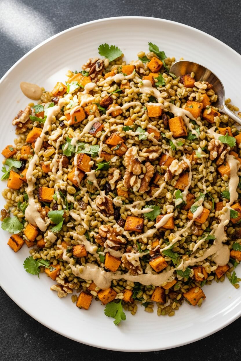 Festive Freekeh Salad with Squash and Spiced Walnuts