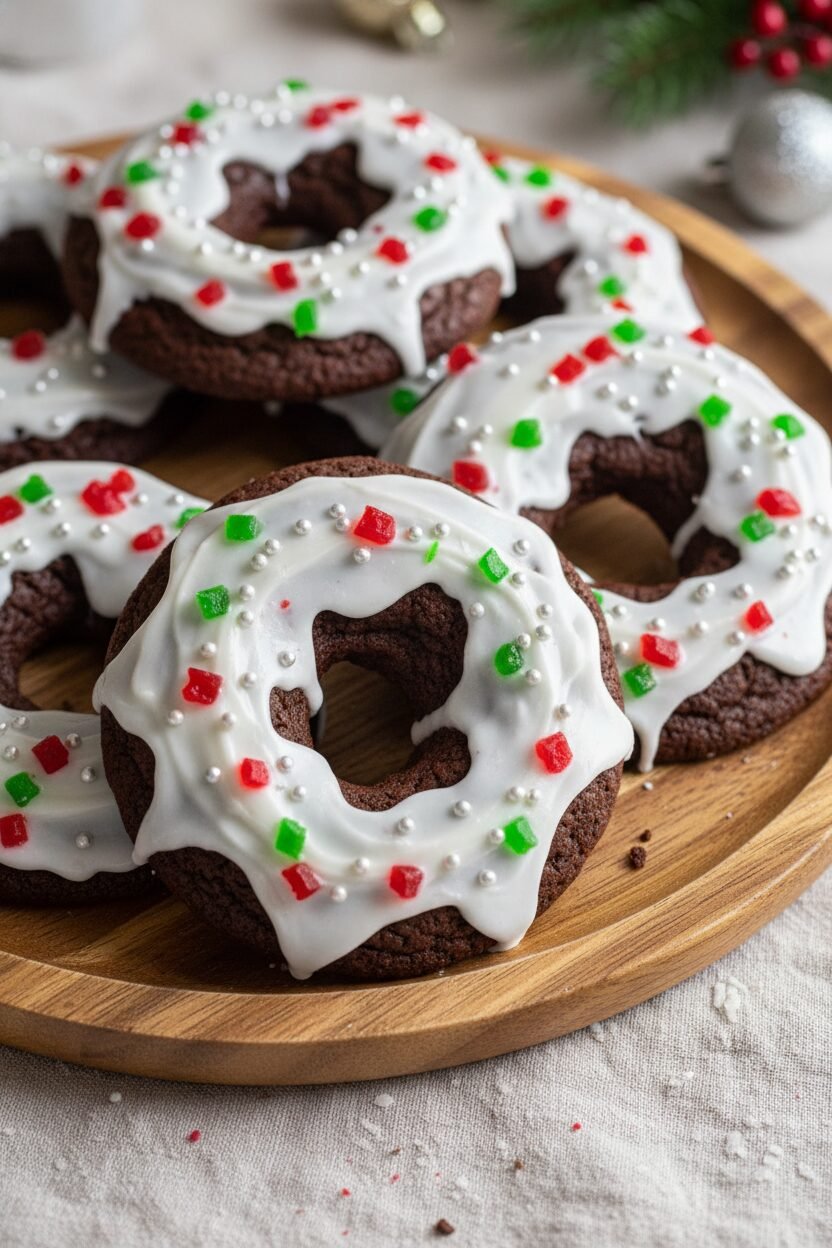 Frosted Holiday Chocolate Cookie Wreaths