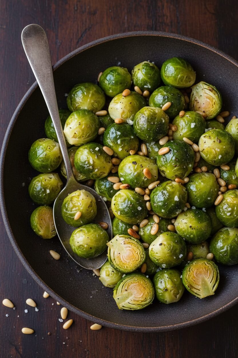Garlic Pine Nut Brussels Sprouts Holiday Delight