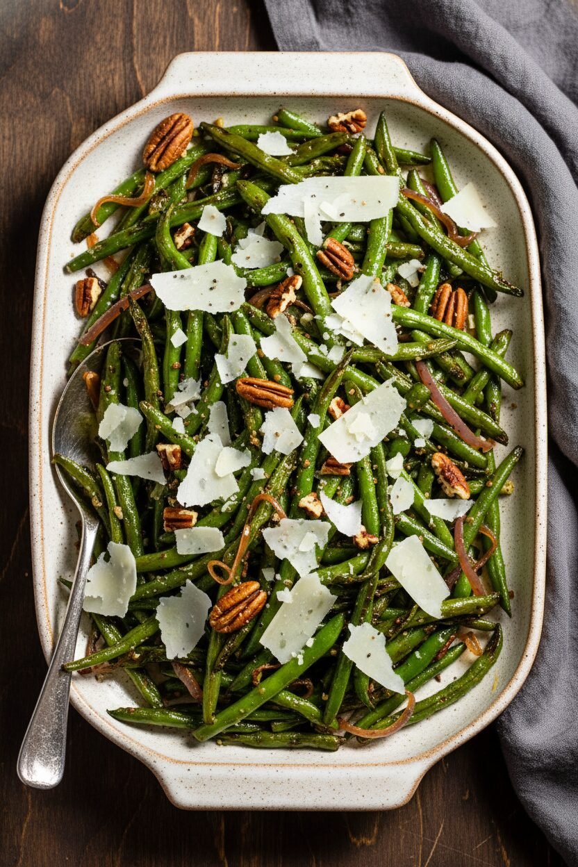 Garlic Romano Green Beans with Toasted Pecans