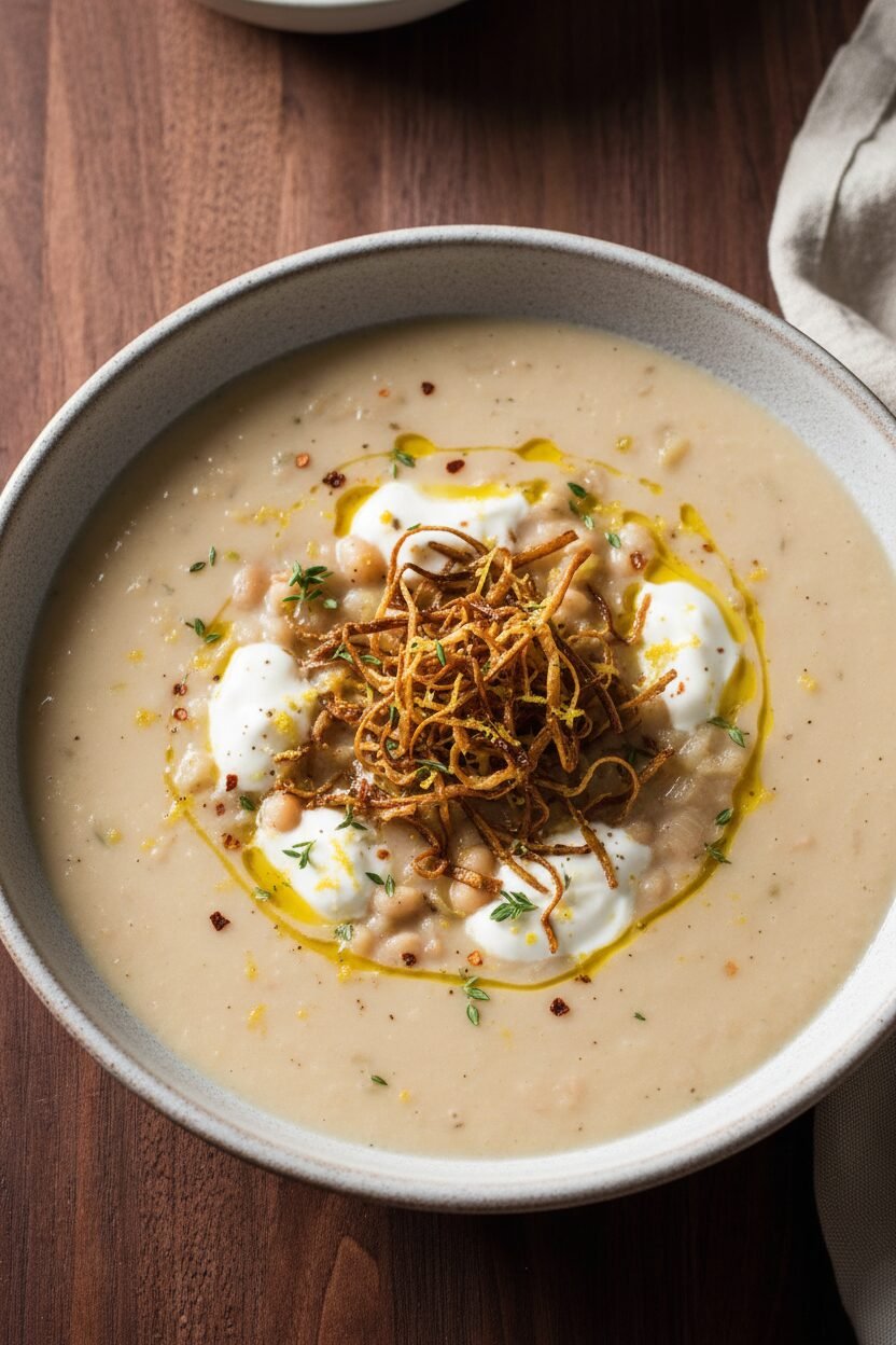 Lemony White Bean Soup with Crispy Leeks