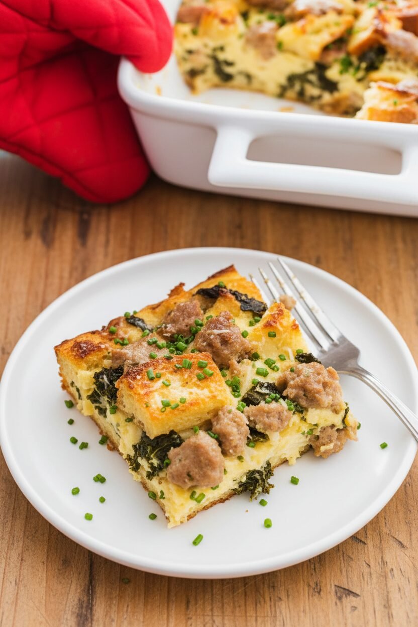 Savory Christmas Bread Pudding with Sausage and Kale