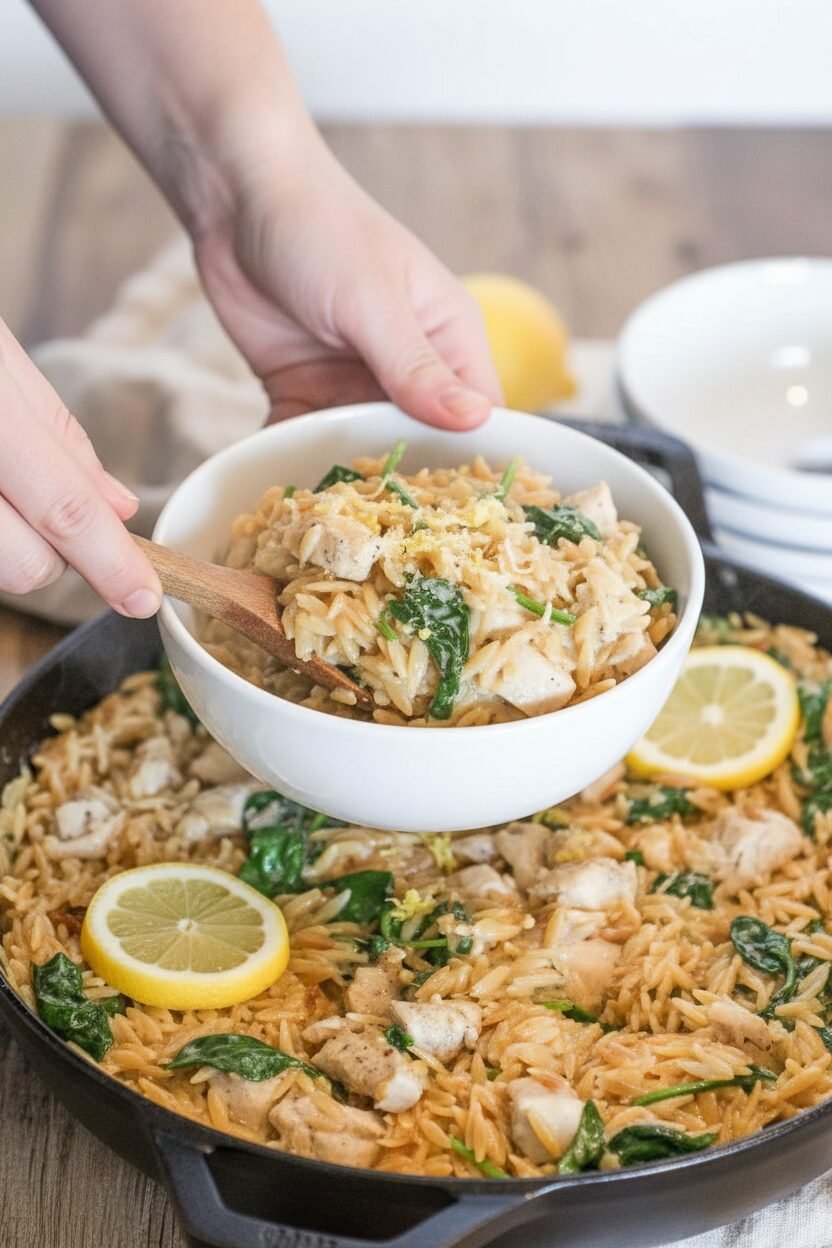 Creamy Lemon Chicken Orzo Spinach Skillet