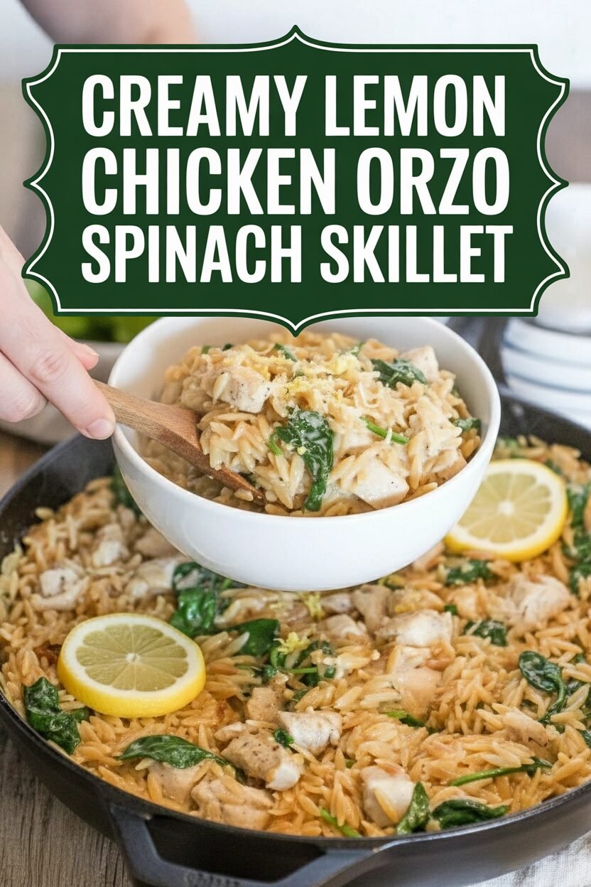 Creamy Lemon Chicken Orzo Spinach Skillet