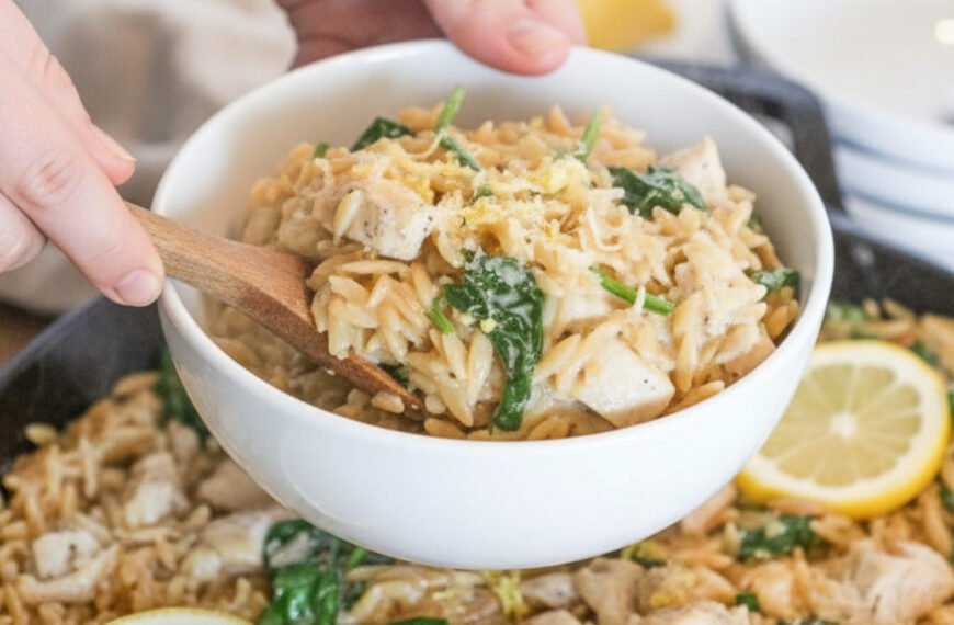 Creamy Lemon Chicken Orzo Spinach Skillet