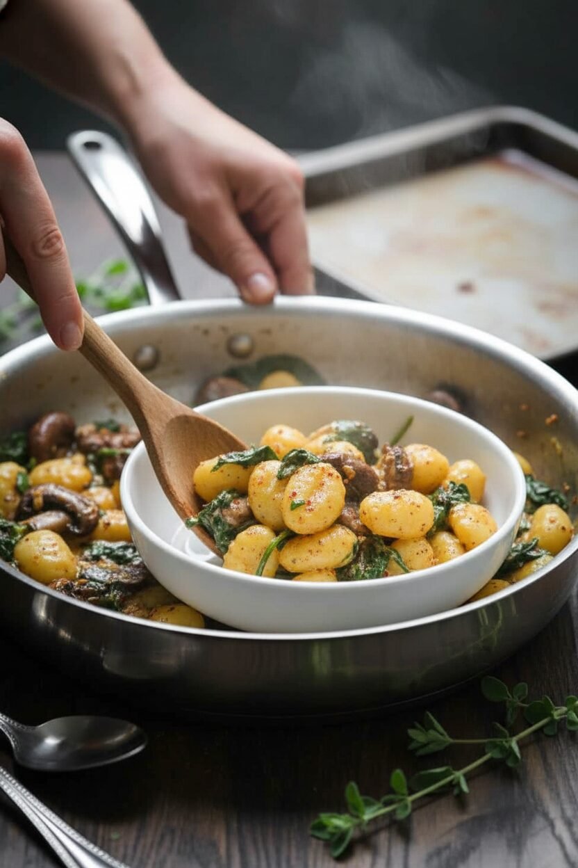 Creamy Mushroom Spinach Gnocchi in Twenty Minutes