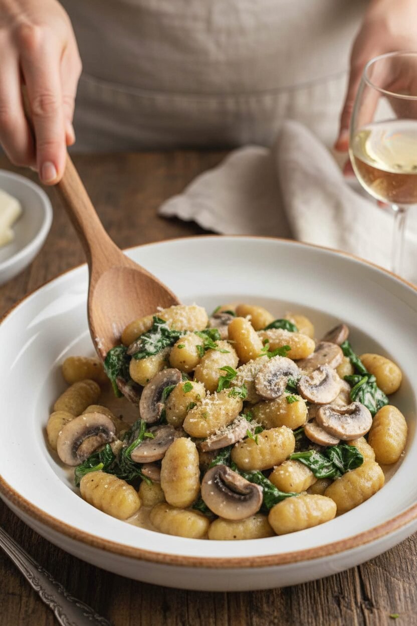 Creamy Mushroom Spinach Gnocchi in Twenty Minutes