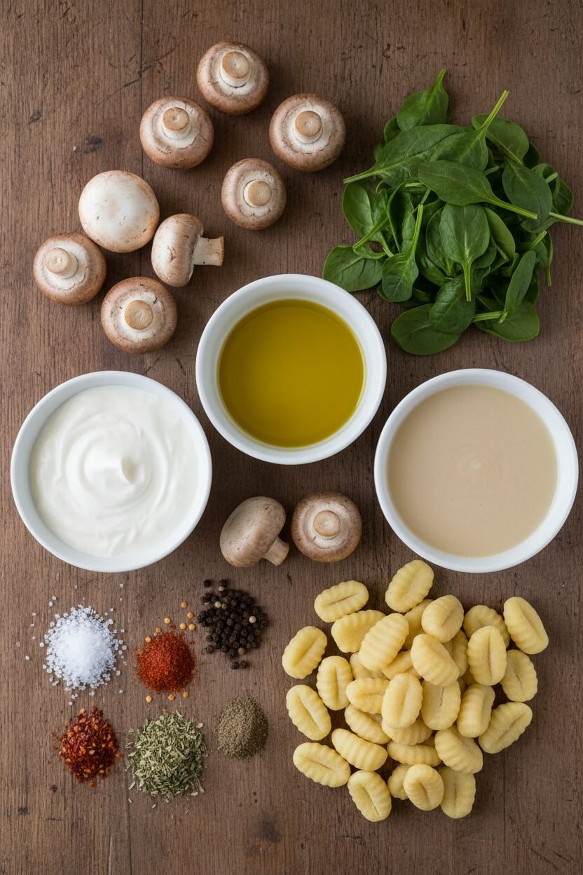 Creamy Mushroom Spinach Gnocchi in Twenty Minutes