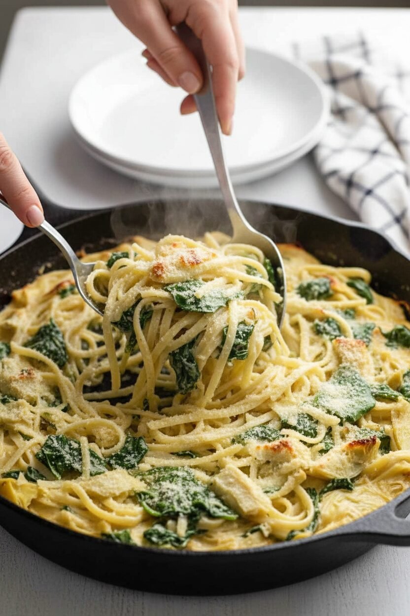 Creamy Spinach Artichoke Pasta Skillet