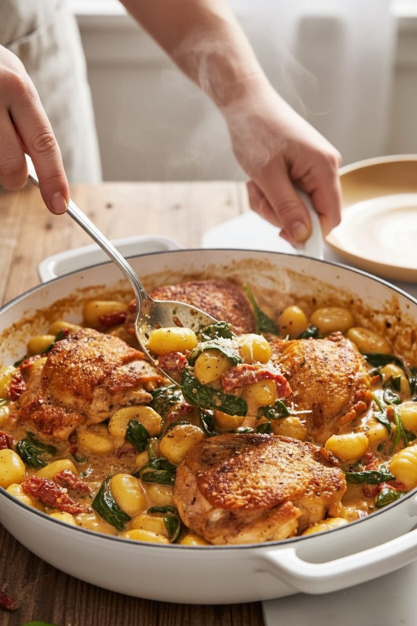 Creamy Sun-Dried Tomato Spinach Gnocchi Skillet