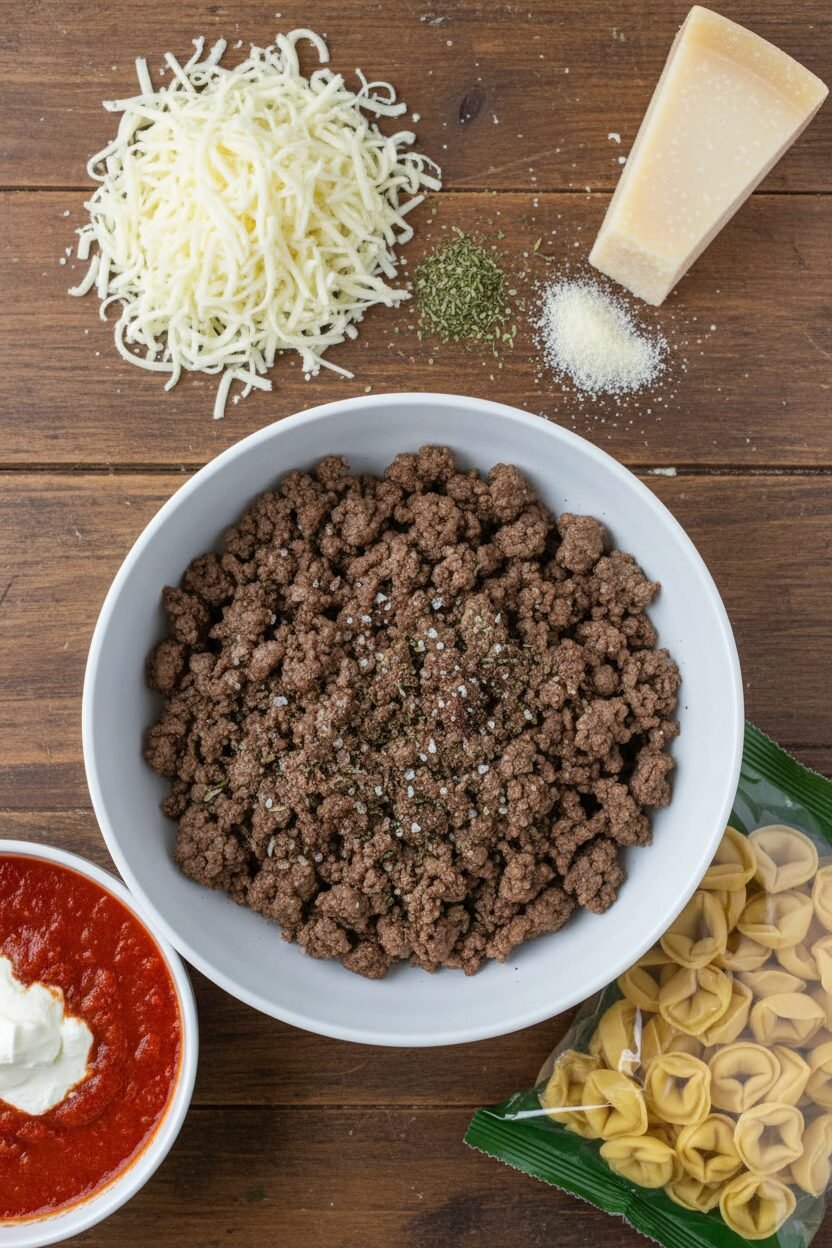 Easy Baked Tortellini and Meat Sauce