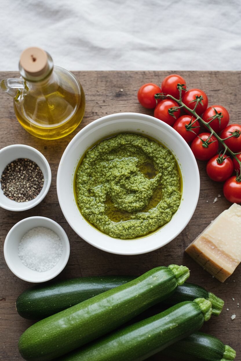 Fresh Zucchini Pesto with Sun Blushed Tomatoes