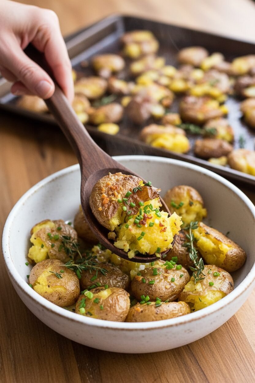 Garlic Chive Smashed Fingerling Potatoes