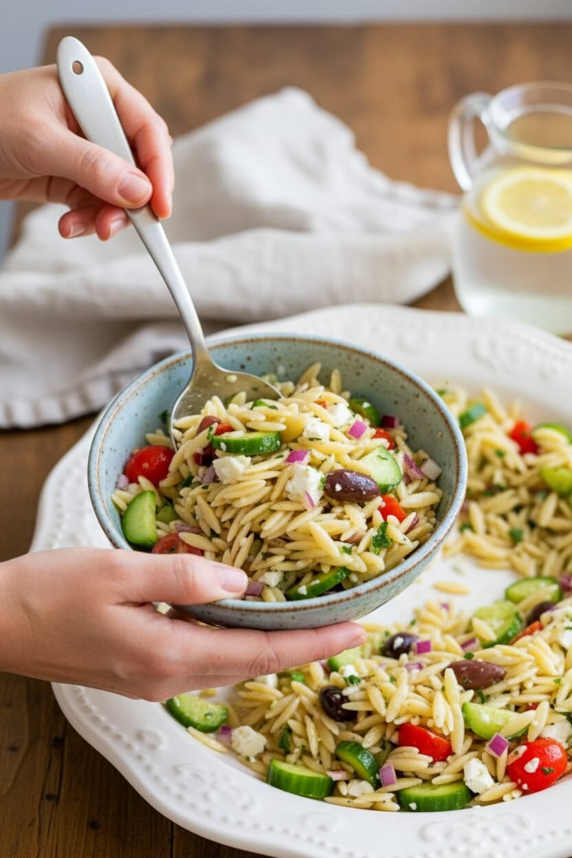 Greek Orzo Salad with Feta and Olives in Fifteen Minutes