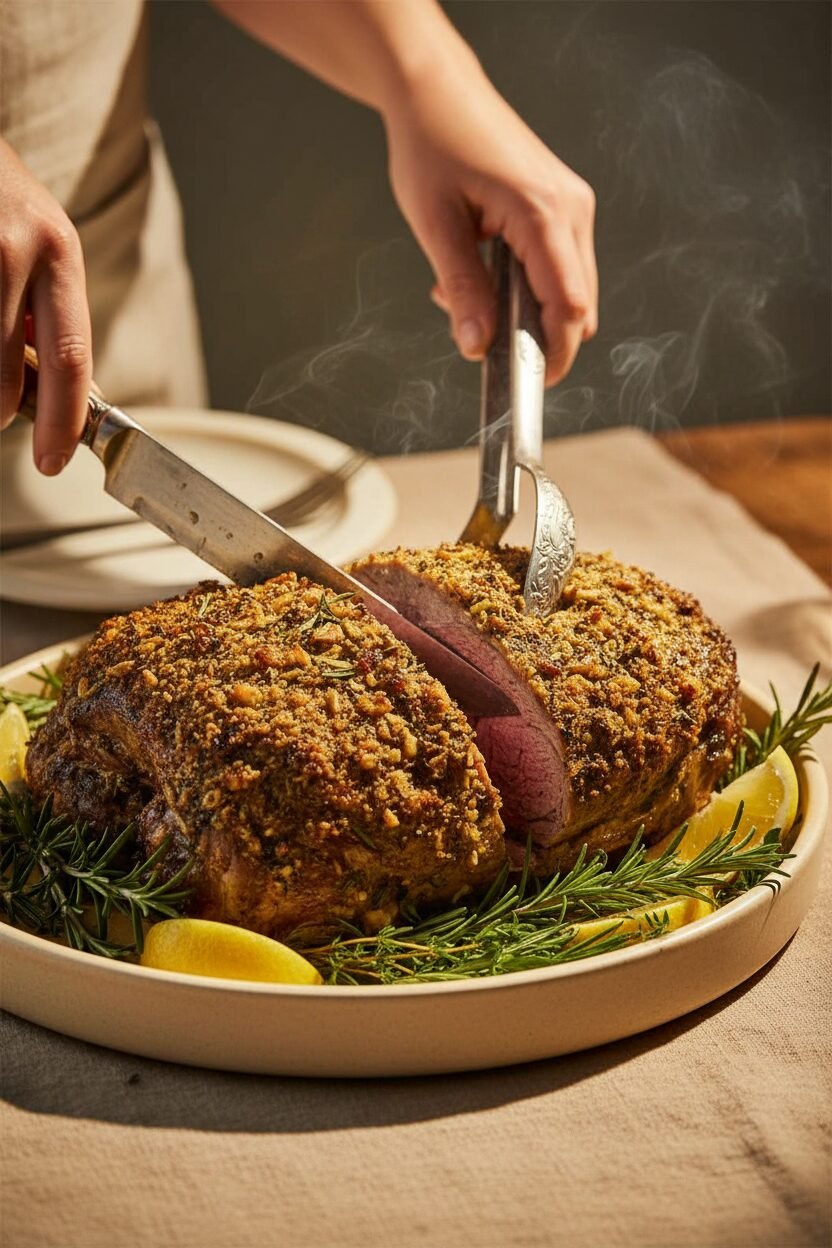 Herb Crusted Garlic Roasted Lamb Leg