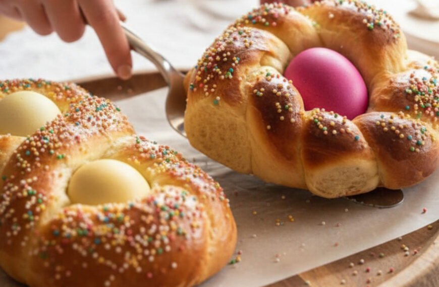 Traditional Italian Easter Bread with Colored Eggs