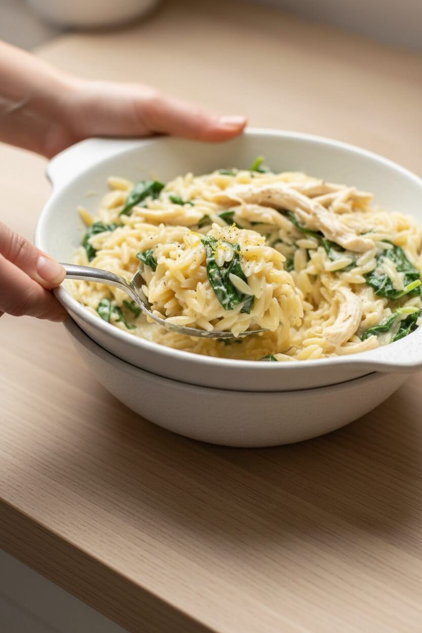 Lemon Chicken Orzo with Creamy Spinach