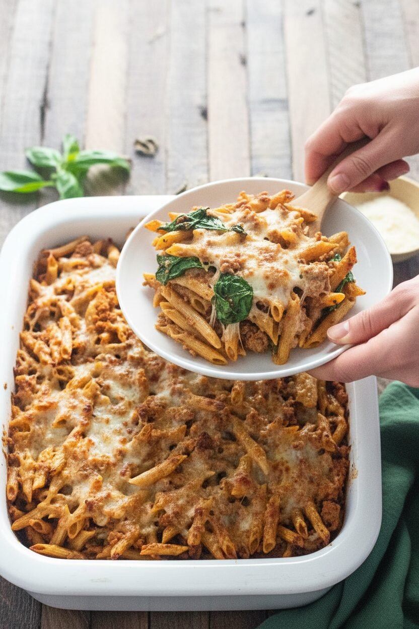 Spinach Turkey Baked Ziti Casserole