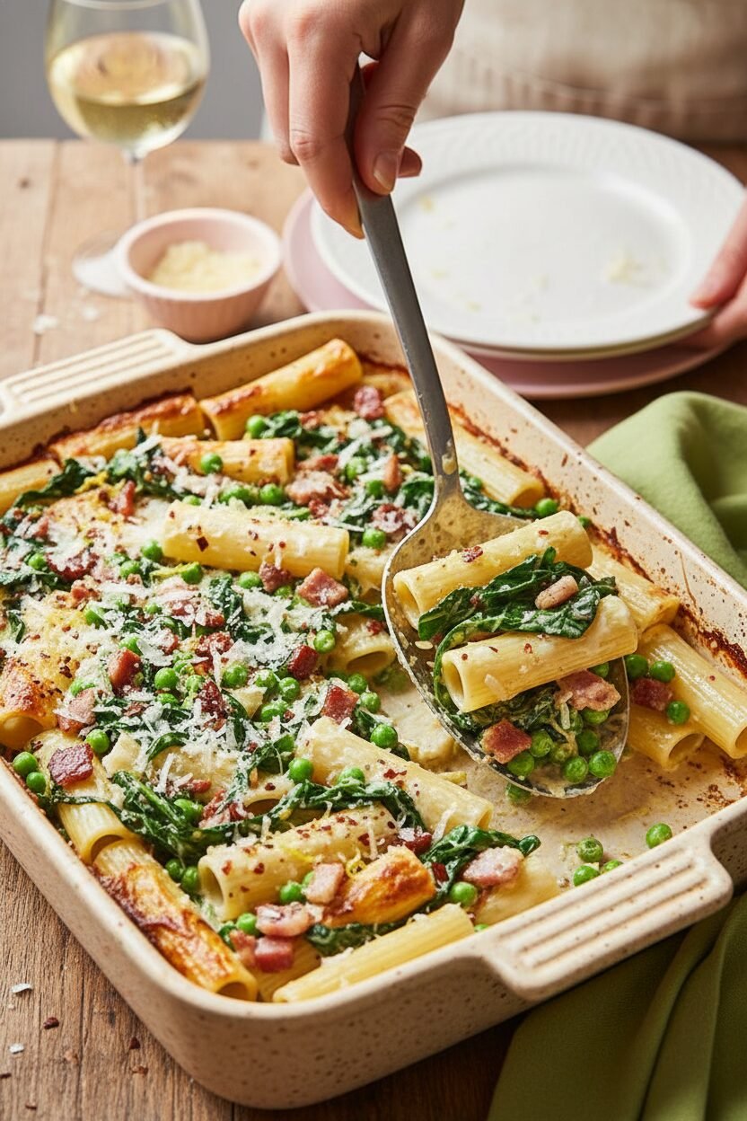 Spring Greens and Bacon Rigatoni