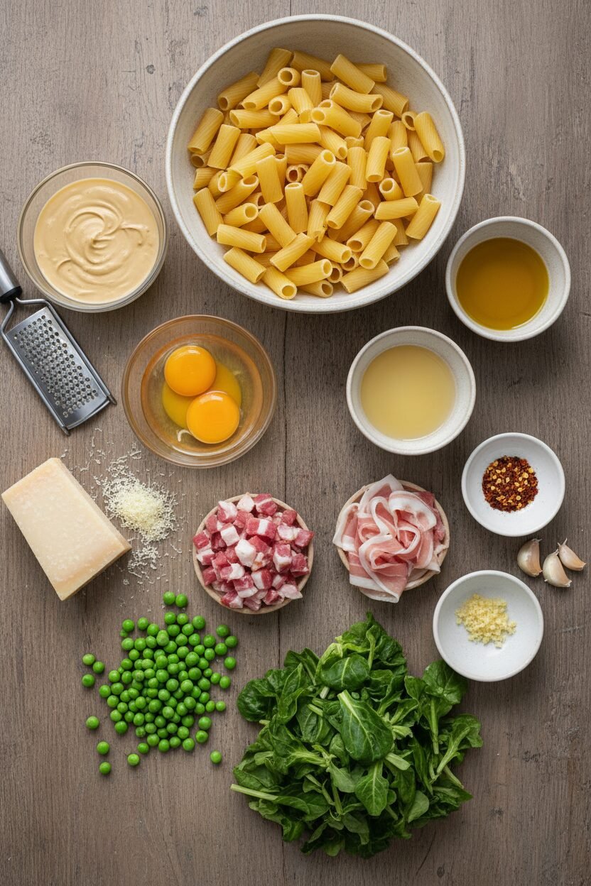 Spring Greens and Bacon Rigatoni