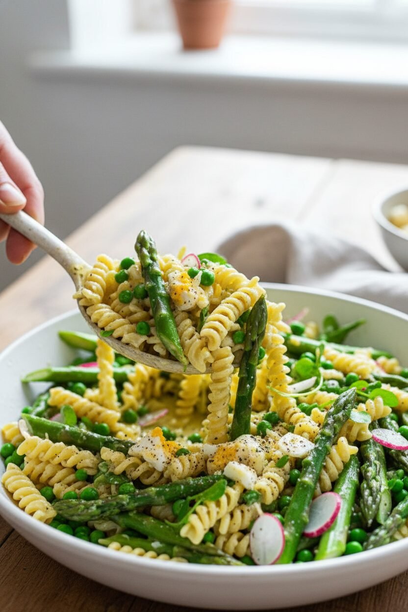 Spring Pea and Asparagus Pasta with Lemon Gribiche