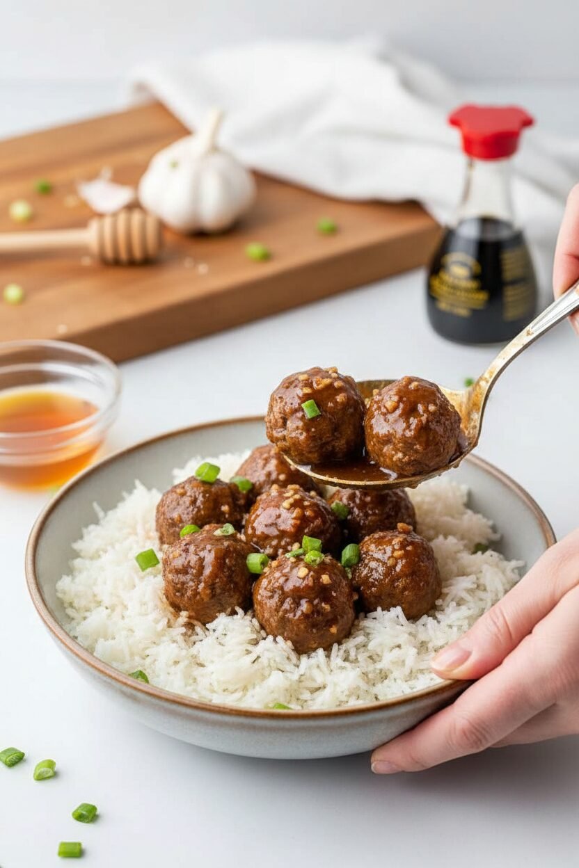 Sticky Honey Garlic Meatballs Over Rice