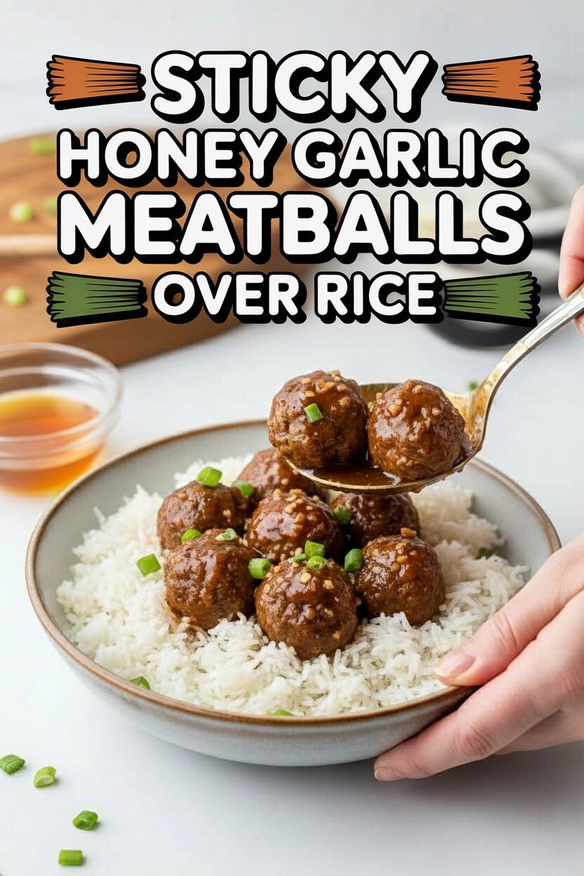 Sticky Honey Garlic Meatballs Over Rice