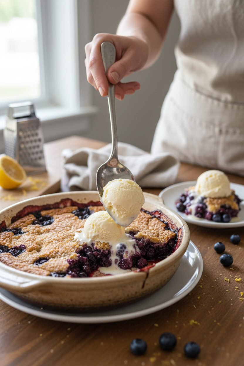 Warm Blueberry Cobbler with Vanilla Ice Cream