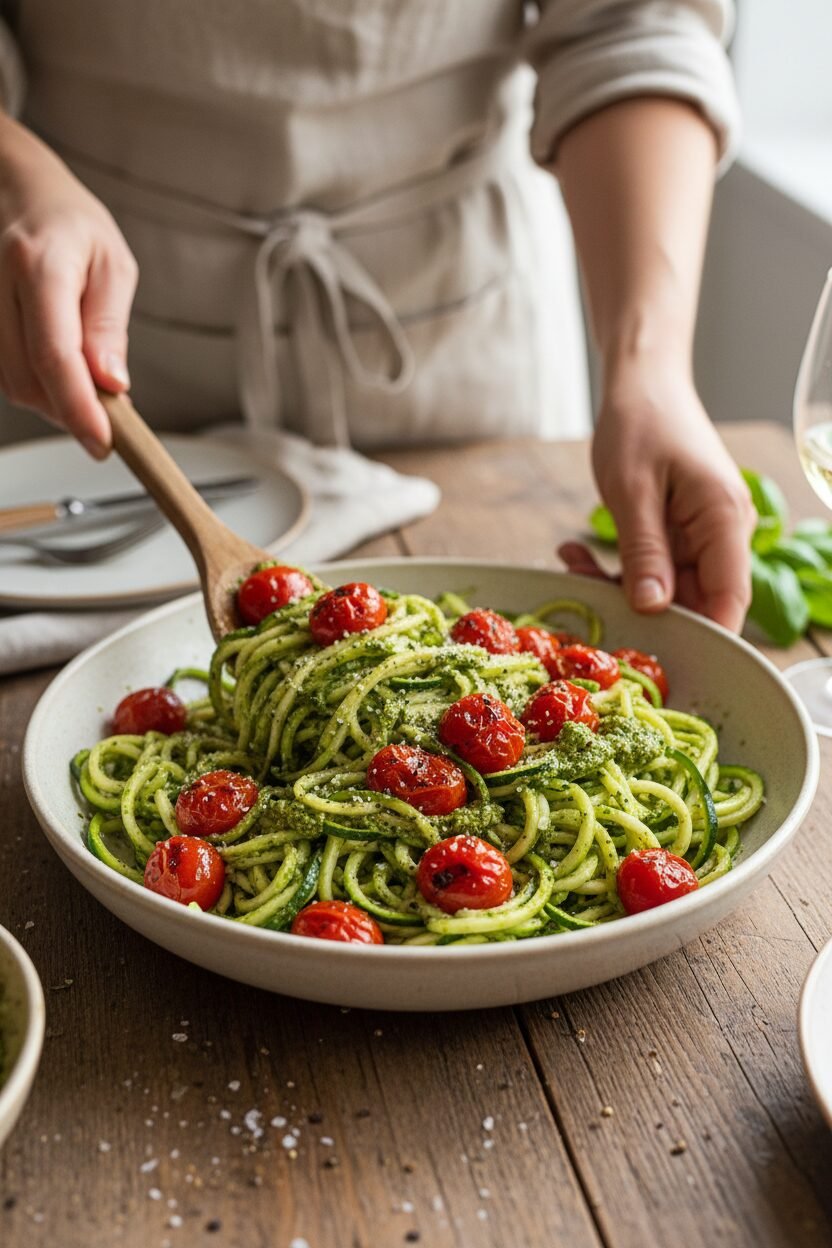 Zucchini Pesto with Blistered Tomatoes
