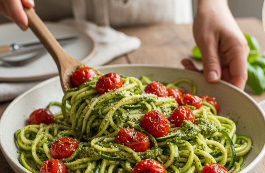 Healthy Zucchini Noodles with Pesto and Cherry Tomatoes