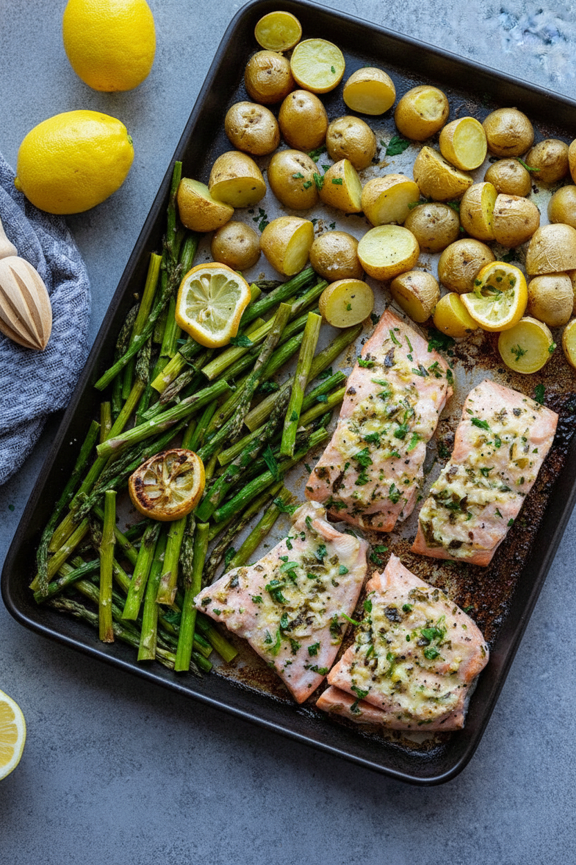 Buttered Salmon with Roasted Asparagus and Potatoes