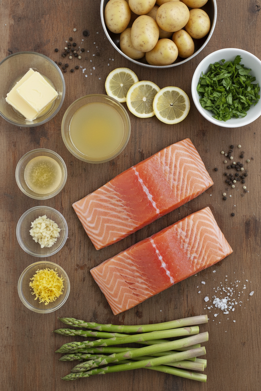 Buttered Salmon with Roasted Asparagus and Potatoes