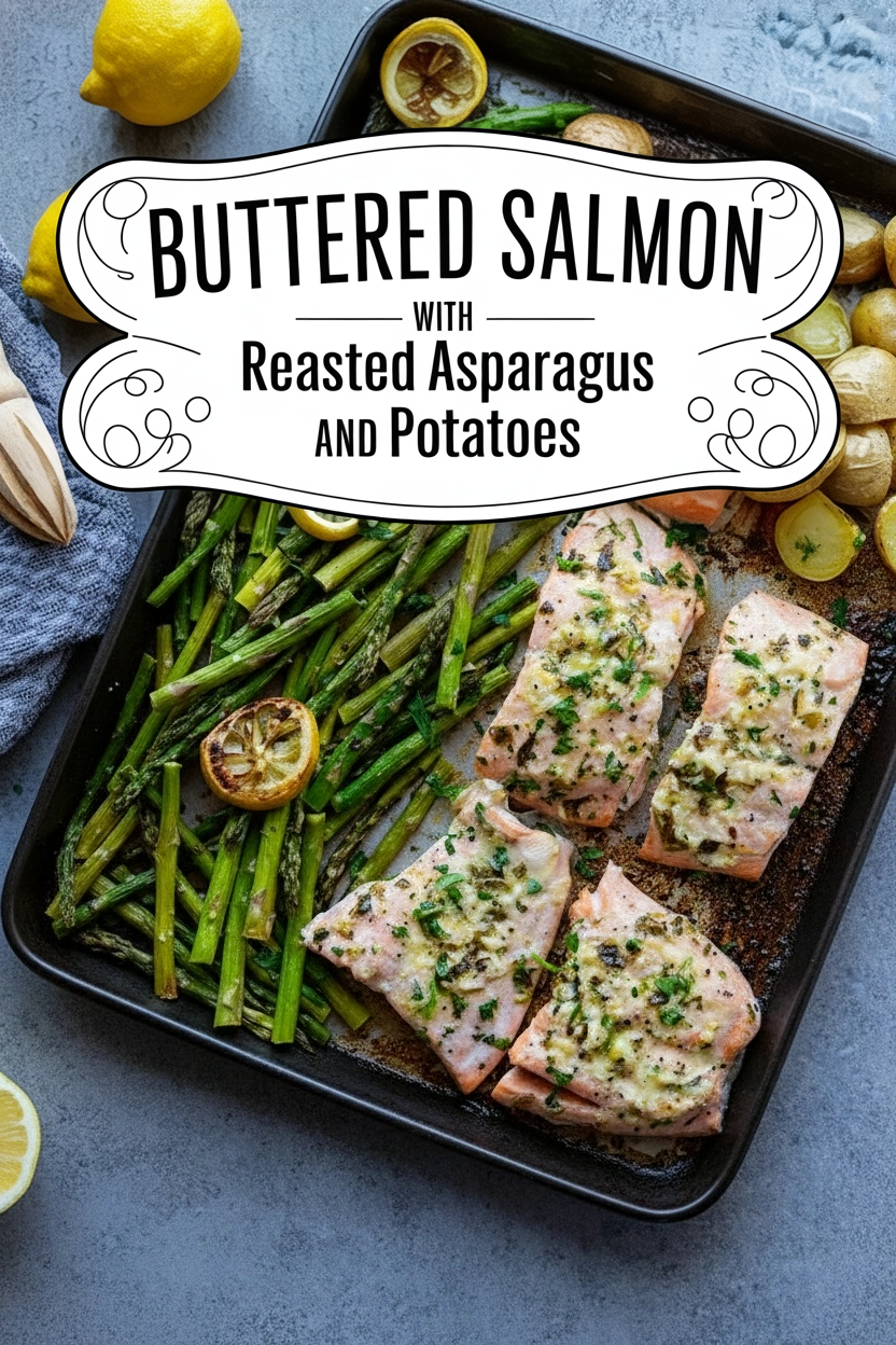 Buttered Salmon with Roasted Asparagus and Potatoes