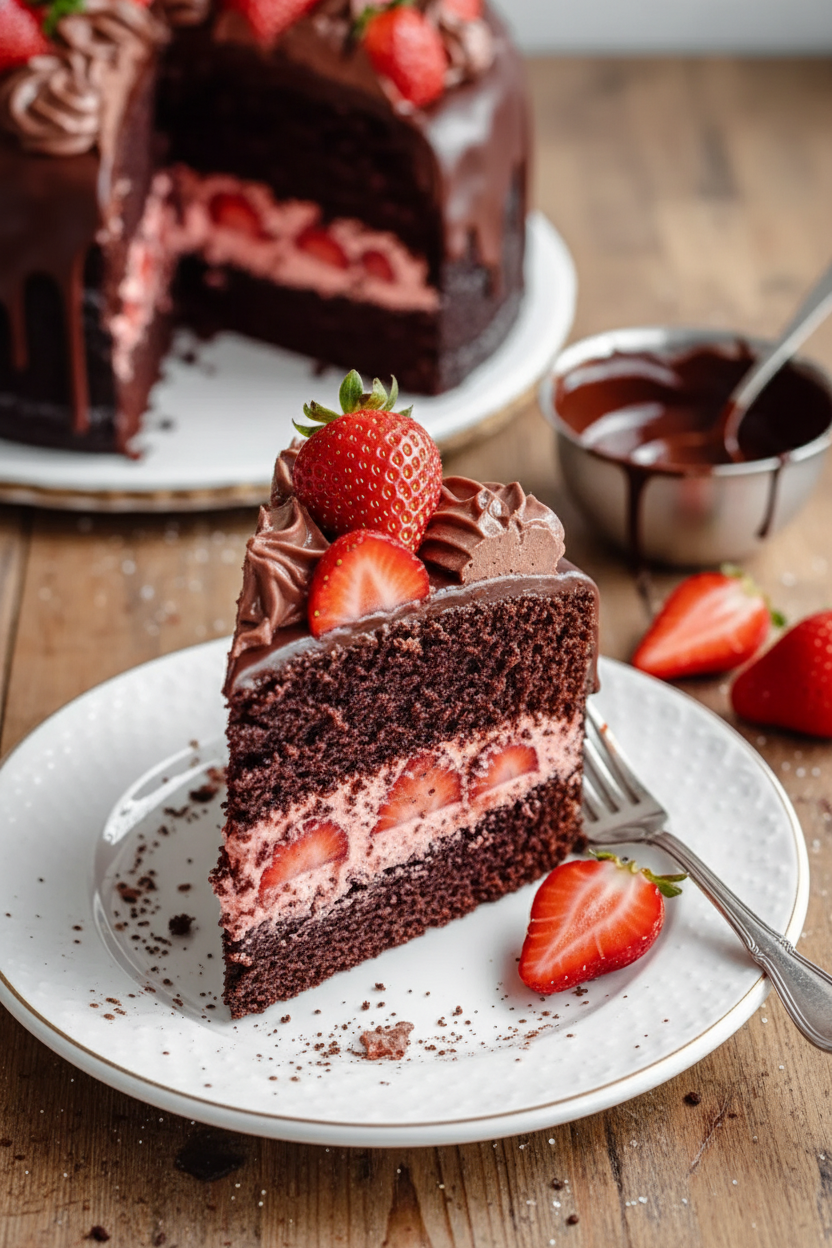 Chocolate Glazed Strawberry Filled Layer Cake