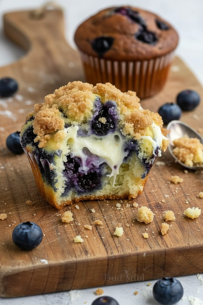 Cream Cheese Filled Blueberry Crumb Muffins