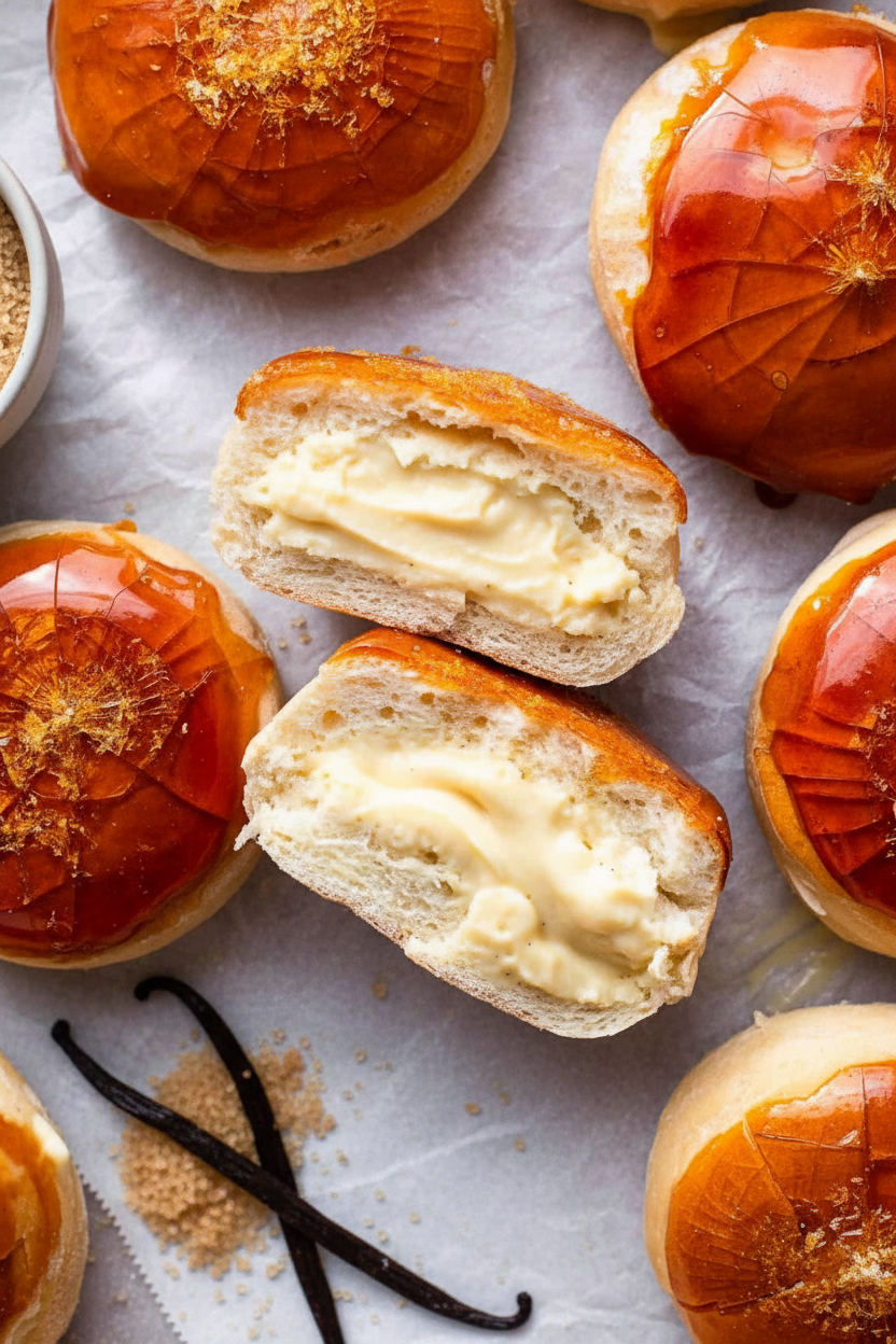 Cream-Filled Donuts with Crackly Caramel Glaze