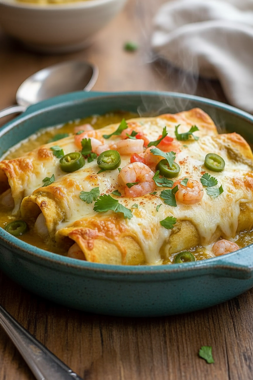 Creamy Shrimp Enchiladas with Green Chile Sauce