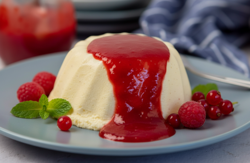 Delicious panna cotta dessert topped with vibrant berry sauce, garnished with fresh raspberries and.