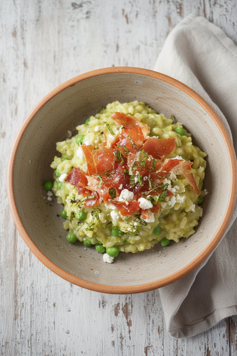 Crispy Prosciutto Mint Pea Risotto