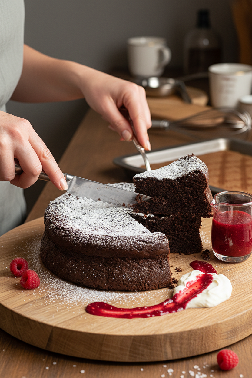 Decadent Flourless Chocolate Cake with Raspberry Coulis