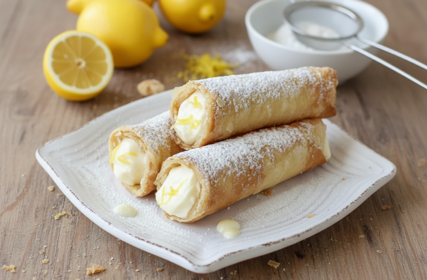 Lemon cream-filled spring rolls dusted with powdered sugar on a white plate.