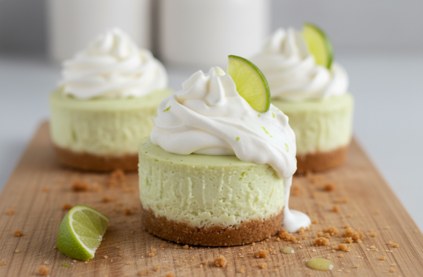 Lime cheesecake with whipped cream and lime slices on a wooden board.