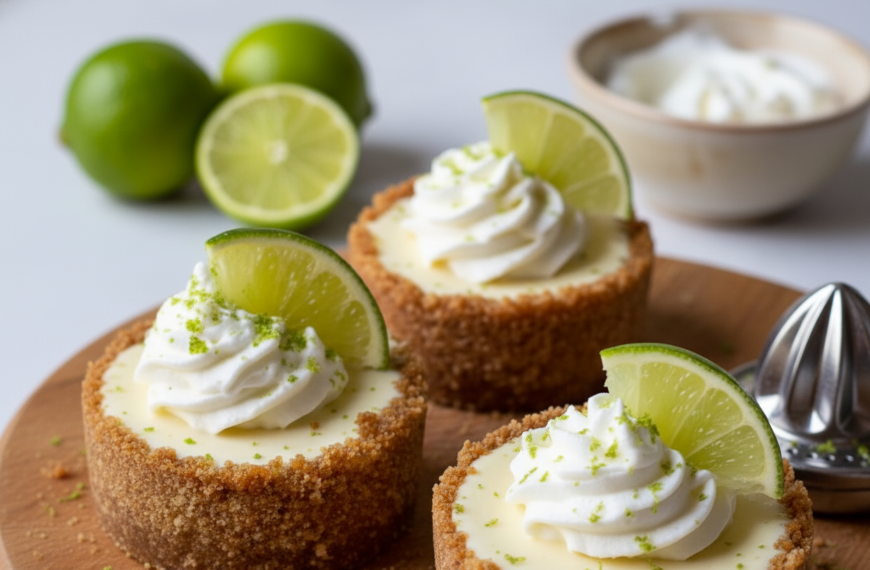 Creamy lime cheesecake bites topped with whipped cream and lime slices, perfect for dessert or snack.