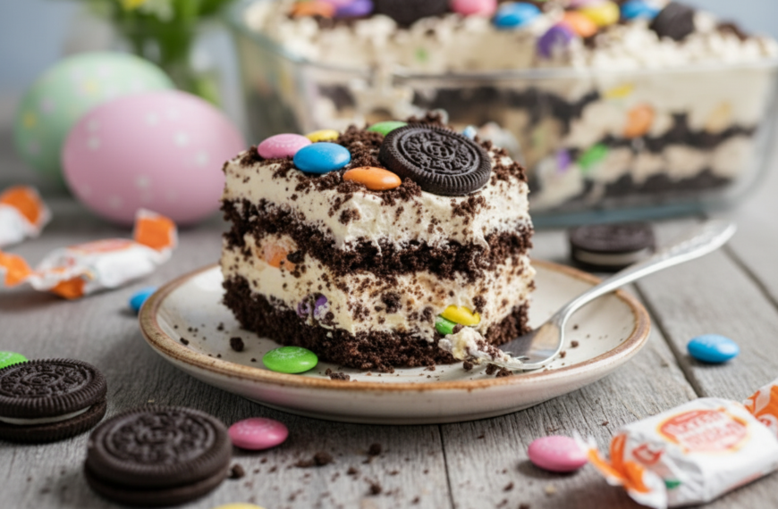 Oreo cake slice with colorful candies and cookies, perfect for dessert lovers.