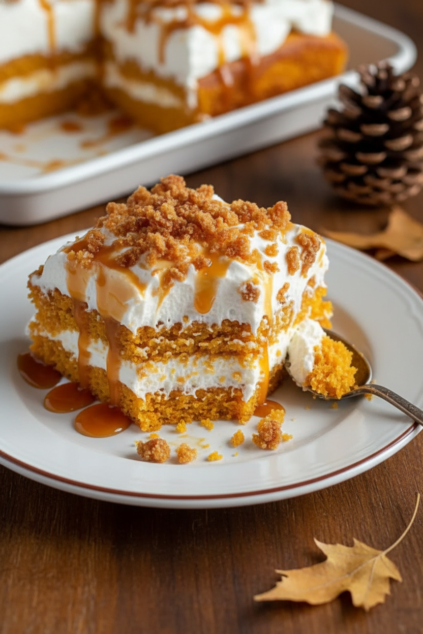 Easy Pumpkin Poke Cake with Caramel and Toffee