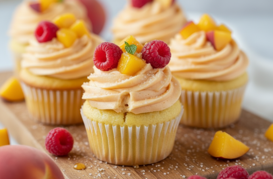 A sweet twist on a classic cocktail: Peach Bellini Cupcakes. Sparkling Peach Prosecco Cupcakes